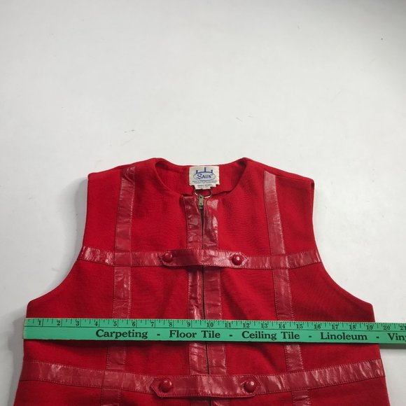 Vintage Retro Gothic Women Sleeveless Leather Lines Top Zip SAUN Wool Size 16🔥 - Picture 6 of 9